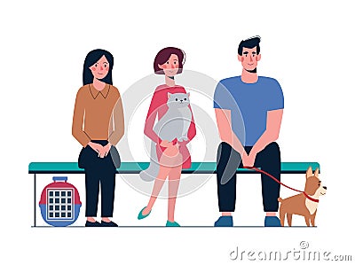 Vector illustration Queue to the veterinary clinic. People with pets are waiting on the bench. Owners of cats and dogs Vector Illustration