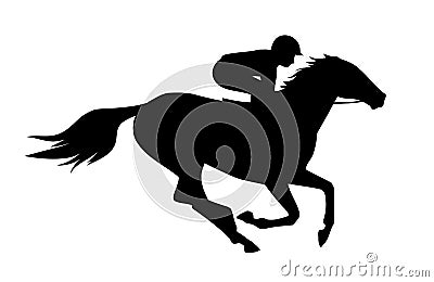 Vector illustration of race horse with jockey. Black isolated silhouette on white background. Equestrian competition logo. eps fil Vector Illustration