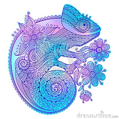 Vector illustration of rainbow chameleon and decorative patterns Vector Illustration