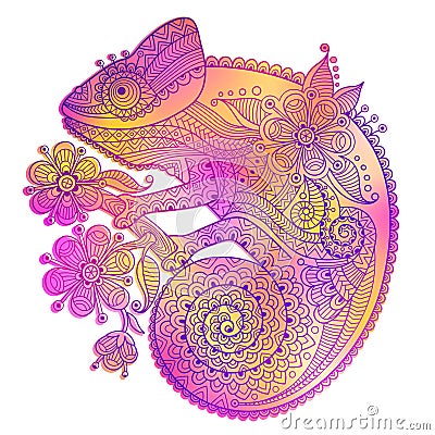 Vector illustration of rainbow chameleon and decorative patterns Vector Illustration