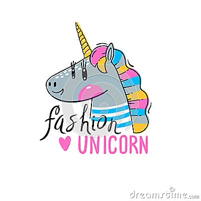 Vector illustration of a Rainbow Unicorn head. Fashion kawaii animal. Can be used for t-shirt print, kids wear design Vector Illustration