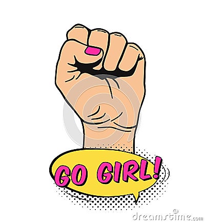 Vector illustration of raised women`s fist in pop art comic style. Placard with women`s rights and solidarity theme, feminism Vector Illustration