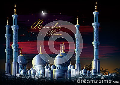 Ramadan Kareem Greetings for Ramadan background with Islamic Mosque Vector Illustration