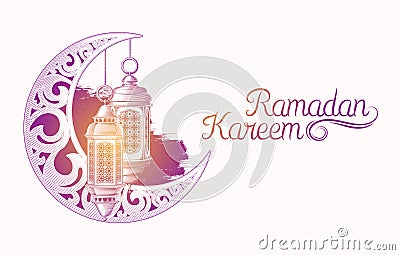 Vector illustration for Ramadan Kareem with sketch of Ramadan lantern, vintage moon isolated on white Vector Illustration