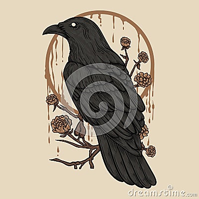 Vector Illustration Raven Perch on The Flower Branch With Flower Vintage Stock Photo