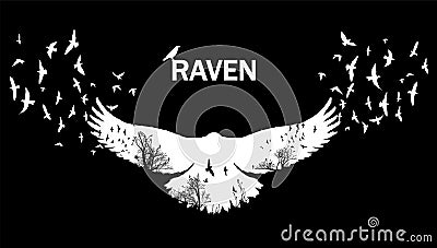 Vector illustration of the raven silhouette with the fluttering wings. Double exposure effect. Vector Illustration