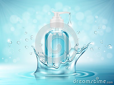 realistic cosmetic glass bottle on a blue background with water splash Cartoon Illustration