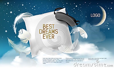 Vector illustration with realistic 3d square pillow with blindfold on it for the best dreams ever, comfortable sleep Vector Illustration