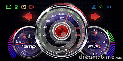 Vector illustration of a realistic dashboard. The concept of speed. Car display with operation indicators. Vector Illustration