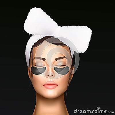 Vector illustration of a realistic face of a young beautiful girl with a cosmetic bandage on her hair and moisturizing Vector Illustration