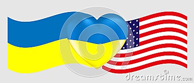 Vector drawing volume heart in the colors of the Ukrainian flag and flags of Ukraine and America Vector Illustration