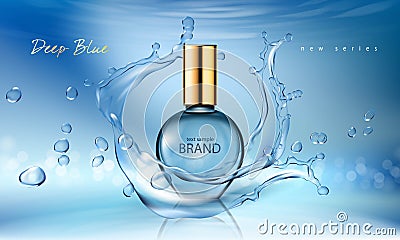 Vector illustration of a realistic style perfume in a glass bottle on a blue background with water splash Vector Illustration