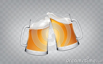 Vector illustration of a realistic style two glass toasting mugs with beer, cheers beer glasses. Vector Illustration