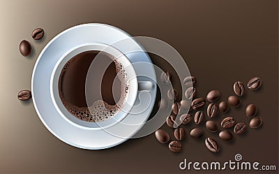 Vector illustration of a realistic style of white coffee cup with a saucer and coffee beans, top view, isolated on brown Vector Illustration