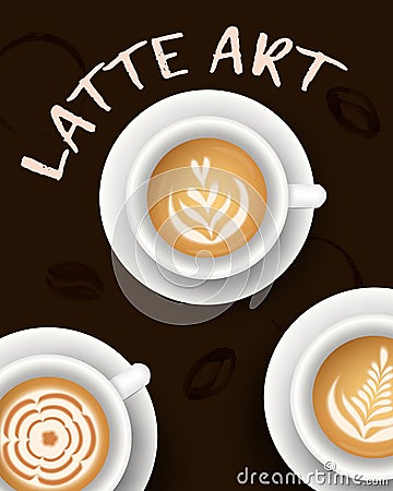 Vector illustration with realistic white cups with coffee. Collection of Latte art top view Vector Illustration