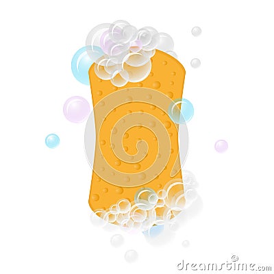 Realistic yellow washing sponge with foam bubbles. Vector Illustration