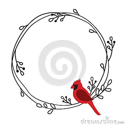 Red Cardinal Bird on a Wreath Frame Vector Vector Illustration