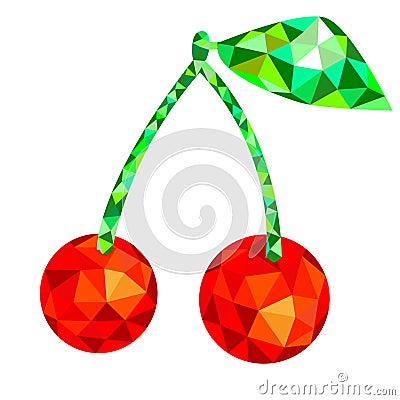 Vector illustration of red cherries in low poly, polygonal style, geometric figures Cartoon Illustration