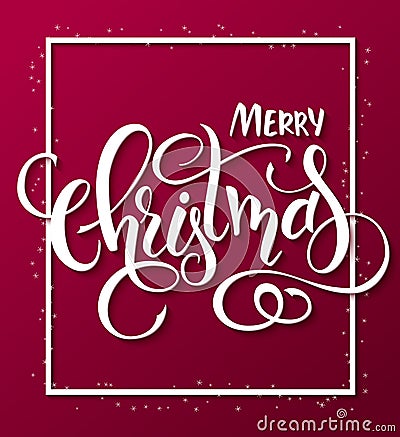 Vector illustration of red christmas greeting card with rectangle frame and hand lettering label - merry christmas Cartoon Illustration