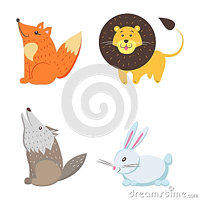 Red Fox, Yellow Lion, Howling Wolf, White Rabbit Vector Illustration