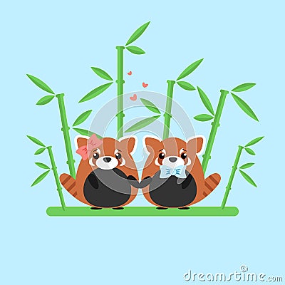 Vector illustration of red panda couple in love with ornate bamboo isolated on blue background. Vector Illustration