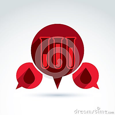 Vector illustration of a red test tube with a blood drop. Medical cardiology label, blood donation symbol, speech bubble icon. C Vector Illustration