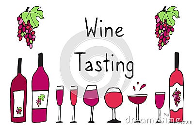 Vector illustration of red Wine bottles, glasses and grapes. Hand drawn vector doodle pattern for red wine events, presentation Vector Illustration