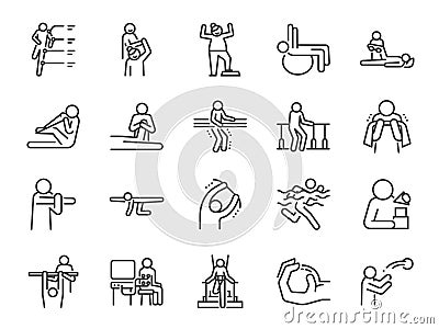 Rehabilitation line icon set. Included icons as recovery, Physical therapy, Nursing Home, therapist, hospital, physiology and more Vector Illustration