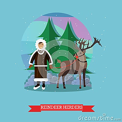 Vector illustration of reindeer herder in flat style Vector Illustration