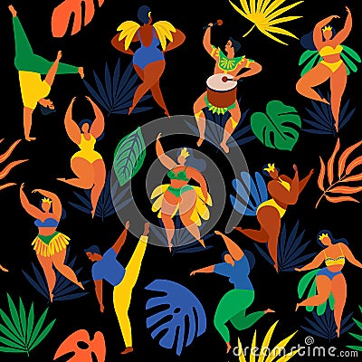 Vector illustration in retro flat style carnival girls, women and men young people. Seamless pattern Brazilian samba dancers, capo Vector Illustration