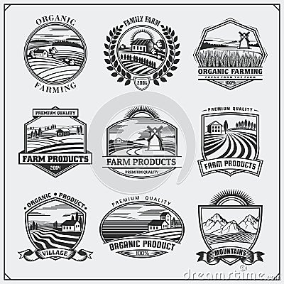 Vector illustration of retro landscapes. Farm fresh food labels, badges, emblems and design elements. Organic and ecology design. Vector Illustration