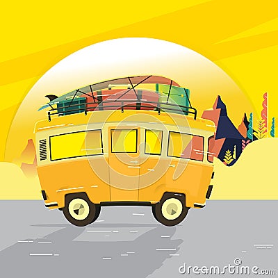 Vector illustration - Retro travel red van. Mountain. Surfer van. Vintage travel car. Old classic camper minivan. Retro hippie bus Vector Illustration