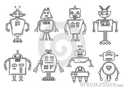 Vector illustration of a Robot. Mechanical character design. Set of four different robots. Coloring book page Vector Illustration