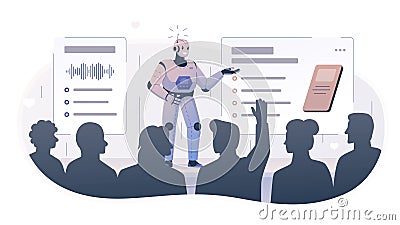 Vector illustration of a robot performing in front of an audience. The robot makes a presentation, the listeners actively Vector Illustration