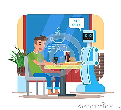 Vector illustration of robot waiter serving cola, hamburger to visitor Vector Illustration