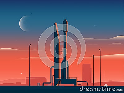 Vector illustration of a rocket spaceship at sunset preparing for launch Vector Illustration
