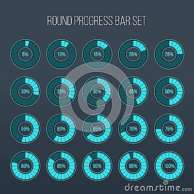 Vector illustration of round progress bar. Circle indicators status. Loading and buffering percentage icon set. Circular interval Cartoon Illustration