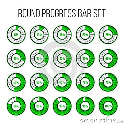 Vector illustration of round progress bar. Circle indicators status. Loading and buffering percentage icon set. Circular interval Cartoon Illustration