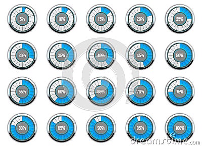 Vector illustration of round progress bar. Circle indicators status. Loading and buffering percentage icon set. Circular interval Cartoon Illustration