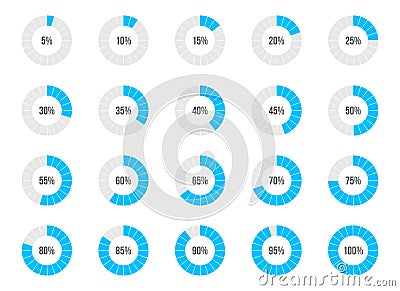 Vector illustration of round progress bar. Circle indicators status. Loading and buffering percentage icon set. Circular interval Cartoon Illustration