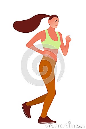 Vector illustration with running cute girl in flat tyle. Woman doing training. Vector Illustration