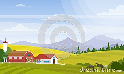 Vector illustration of rural landscape. Beautiful countryside with farm and horses on fields, house and mountains for Vector Illustration