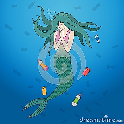 Vector illustration of a sad mermaid with tears in her eyes in an urban pond with garbage attracting attention to environmental Cartoon Illustration