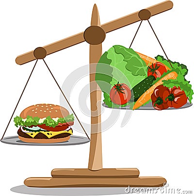 Vector illustration scales with a hamburger and vegetables Vector Illustration