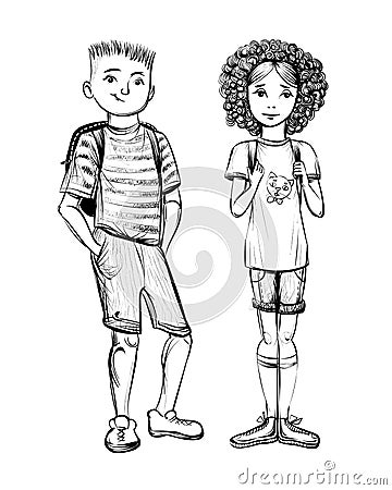 Vector illustration of school children, boy and girl. Vector Illustration