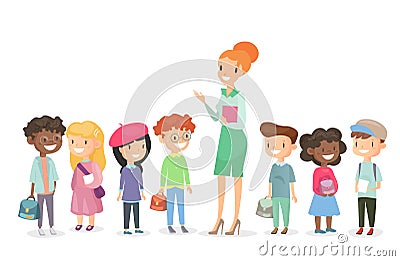 Vector illustration of schoolchildren group with teacher standing together. Boys and girls together with woman teacher Vector Illustration