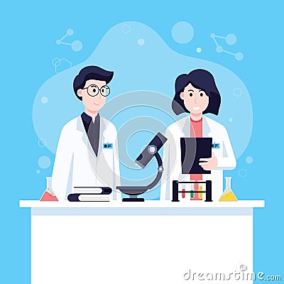 Vector illustration of scientists men and woman working at science lab Vector Illustration