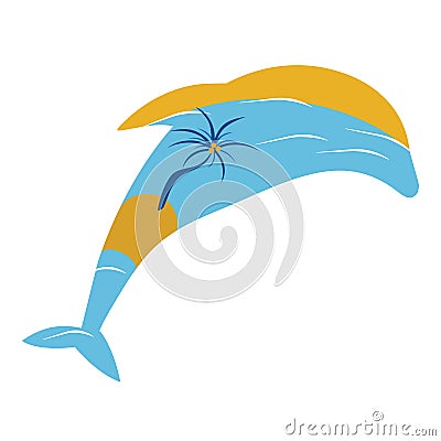 Vector illustration, sea in the form of a jumping dolphin. Palm tree on the island and the salty orange sky. Vector Illustration