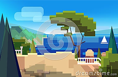 Vector illustration sea landscape with turquoise water and blue sky in abstract style Vector Illustration