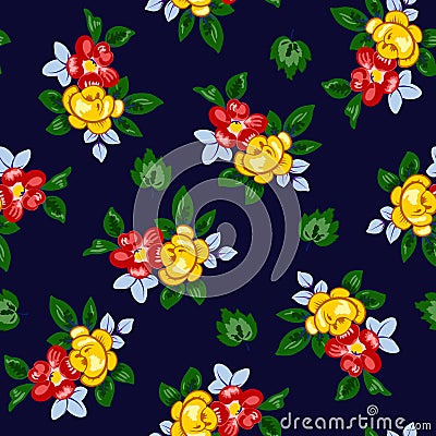 Vector illustration of seamless beautiful red and yellow flowers pattern on dark background Cartoon Illustration